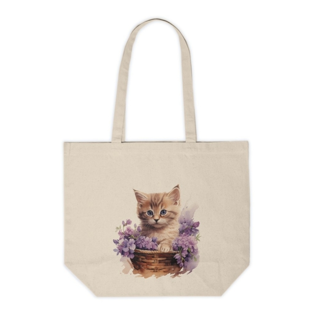Floral Cat in a Basket Custom Canvas Tote Bag